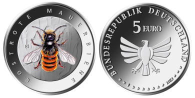 5 € - Rostrote Mauerbiene - Stgl. mit Leuchtturm Münzkapsel