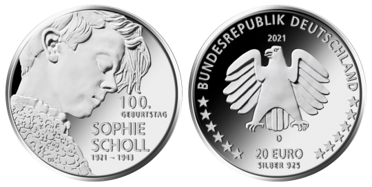 20 € - 100 Geburtstag Sophie Scholl mit Leuchtturm Münzkapsel